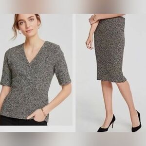 NWT Ann Taylor Metallic Tweed Peplum Top & Pencil Skirt Black,Silver SZ LP